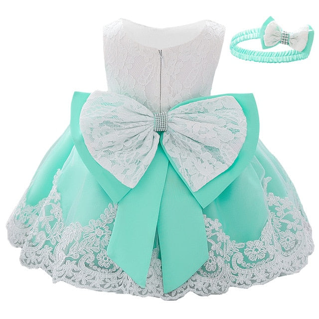 Newborn Long Sleeve Baby Girl Dresses Party Wedding Girl Lace Big Bow Dresses Infant Girl 1st Birthday Princess Baptism Dress