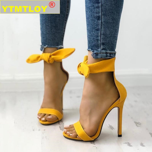 Newest Brand Designer Pink Yellow Suede High Heel Sandals Ankle Big Bowknot Gladiator Sandal Shoes Single Strap Thin Heel Pumps