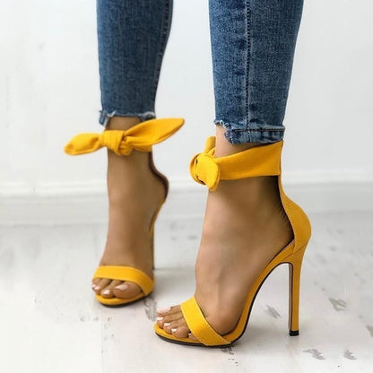 Newest Brand Designer Pink Yellow Suede High Heel Sandals Ankle Big Bowknot Gladiator Sandal Shoes Single Strap Thin Heel Pumps