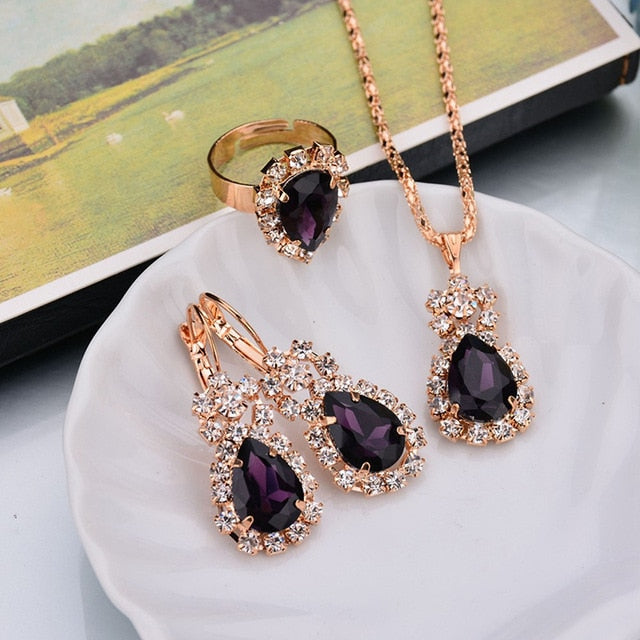 Water Drop White Blue Red Purple Black Rhinestones  Jewelry Sets For Women Pendant/Necklace/Earrings/Rings