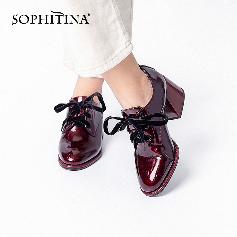 SOPHITINA Mature Women Pumps Office Handmade Lace Up Round Head Square Heel Shoes Women Leisure Comfortable Women's Shoes BY242