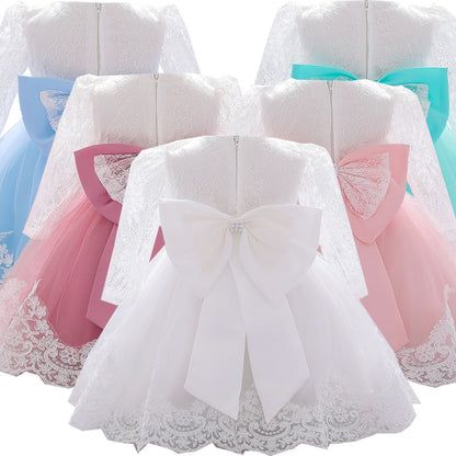 Newborn Long Sleeve Baby Girl Dresses Party Wedding Girl Lace Big Bow Dresses Infant Girl 1st Birthday Princess Baptism Dress