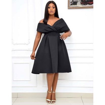 Women Party Dress V Neck with Waist Belt Bowtie Pleated A Line Occation Birthday Christmas Event Celebrate Fashion African XXXL