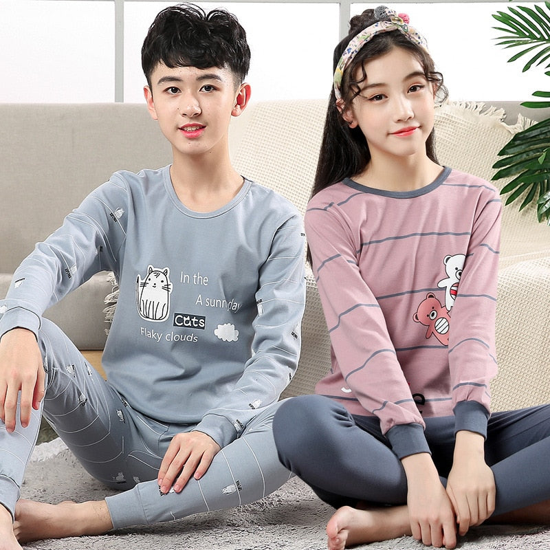 New Teens Clothes Kids Clothing Set Big Boy Girl Pajamas Sets Girls Boys Cotton Sleepwear Full Sleeve Pyjamas Kids Home Clothes