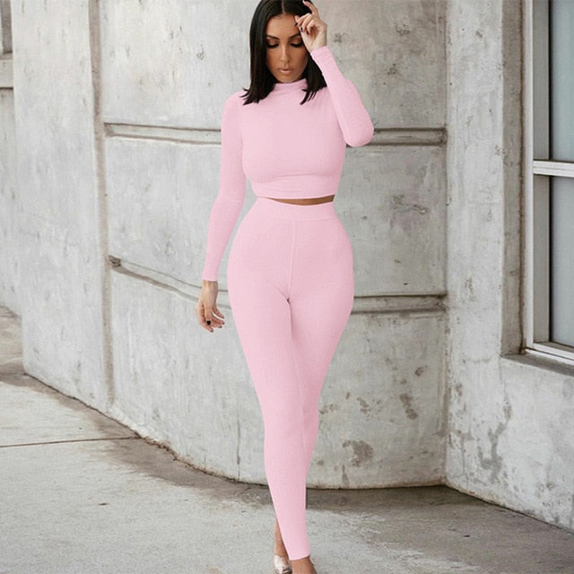 Two Piece Sets Women Solid Autumn Tracksuits High Waist Stretchy Sportswear Hot Crop Tops And Leggings Matching Outfits