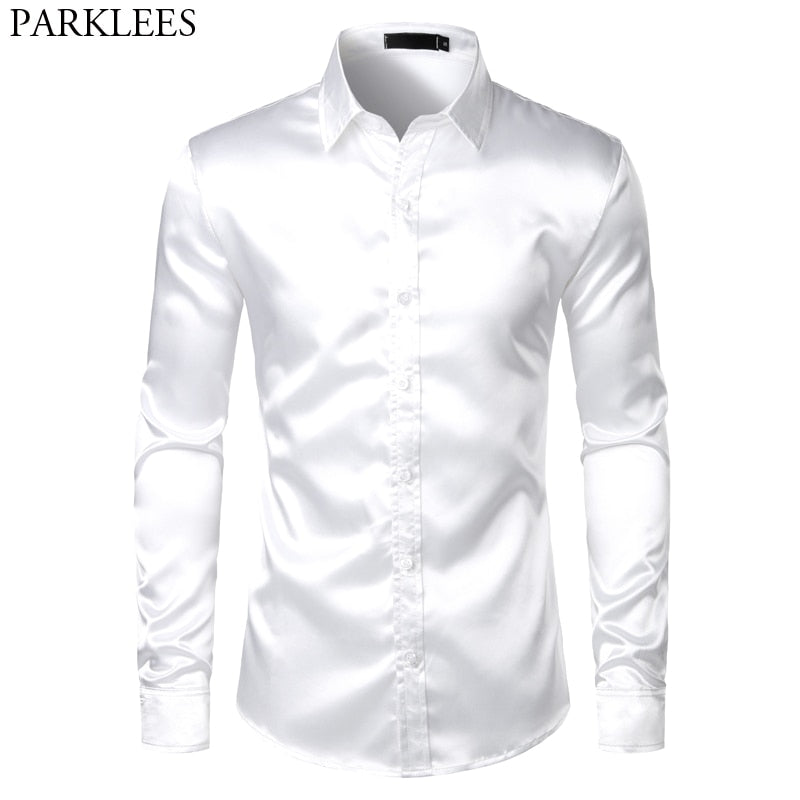 White Silk Satin Tuxedo Shirt Men 2019 Brand Long Sleeve Fitted Mens Dress Shirts Wedding Party Dance Male Casual Shirt Chemise