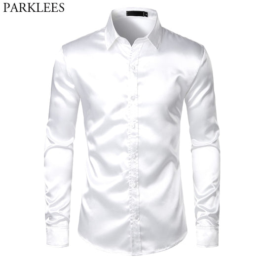 White Silk Satin Tuxedo Shirt Men 2019 Brand Long Sleeve Fitted Mens Dress Shirts Wedding Party Dance Male Casual Shirt Chemise