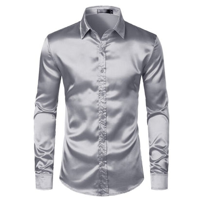 White Silk Satin Tuxedo Shirt Men 2019 Brand Long Sleeve Fitted Mens Dress Shirts Wedding Party Dance Male Casual Shirt Chemise