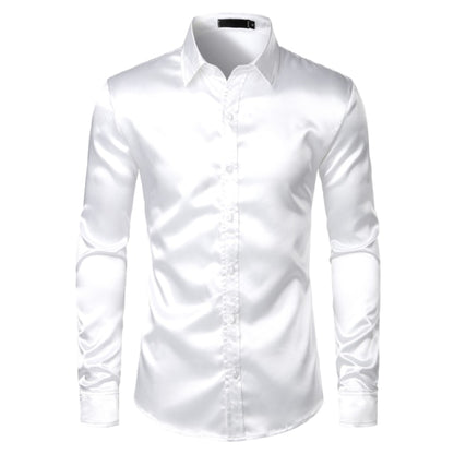 White Silk Satin Tuxedo Shirt Men 2019 Brand Long Sleeve Fitted Mens Dress Shirts Wedding Party Dance Male Casual Shirt Chemise