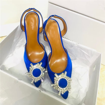 Spring 2021 new diamond buckle decoration satin pointed toe ladies high heels 9 cm heel height