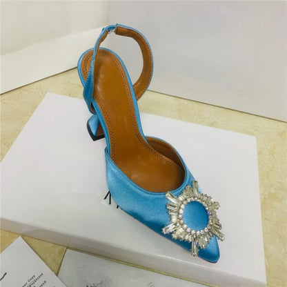 Spring 2021 new diamond buckle decoration satin pointed toe ladies high heels 9 cm heel height