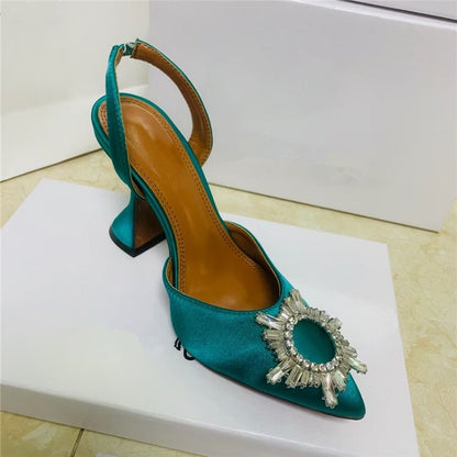 Spring 2021 new diamond buckle decoration satin pointed toe ladies high heels 9 cm heel height