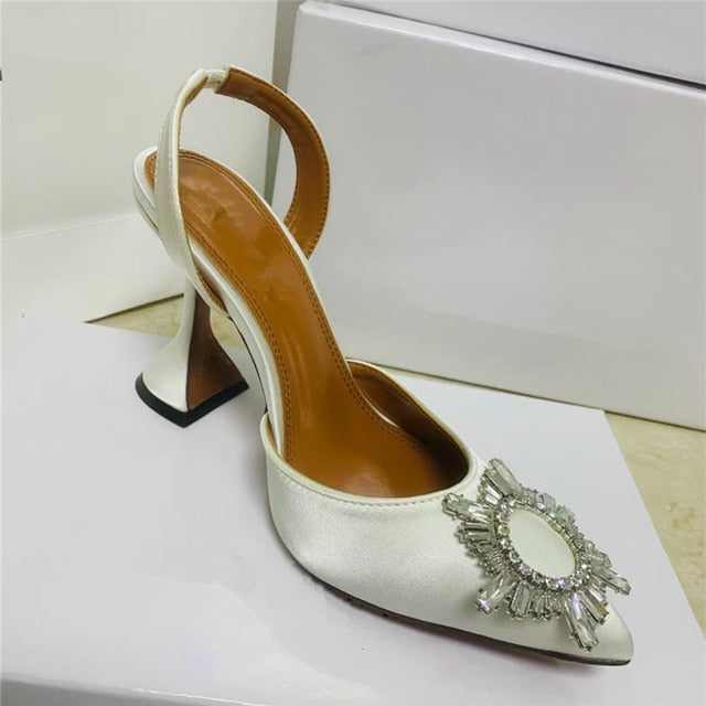 Spring 2021 new diamond buckle decoration satin pointed toe ladies high heels 9 cm heel height