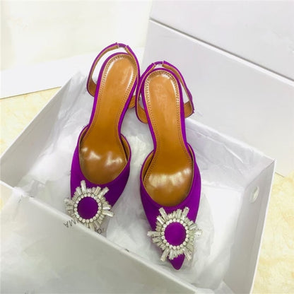 Spring 2021 new diamond buckle decoration satin pointed toe ladies high heels 9 cm heel height