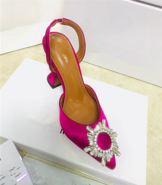 Spring 2021 new diamond buckle decoration satin pointed toe ladies high heels 9 cm heel height