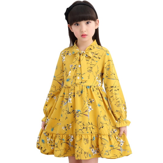 teenager girls loose chiffon dress long sleeve spring autumn floral printing cotton dress for 4- 14 years big girl clothes 2021