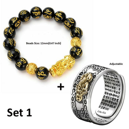 Pixiu Charms Ring Bracelet Set Chinese Feng Shui Amulet Bring Wealth and Lucky Open Adjustable Ring Buddha Bead Bracelets