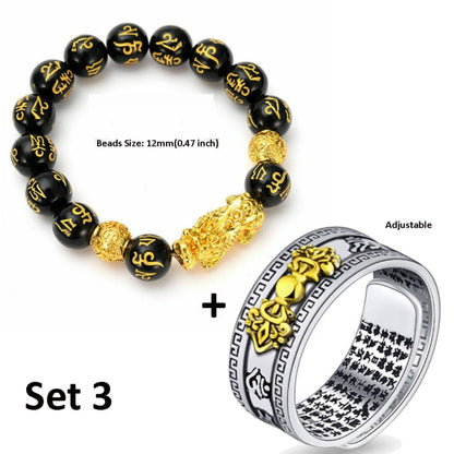 Pixiu Charms Ring Bracelet Set Chinese Feng Shui Amulet Bring Wealth and Lucky Open Adjustable Ring Buddha Bead Bracelets