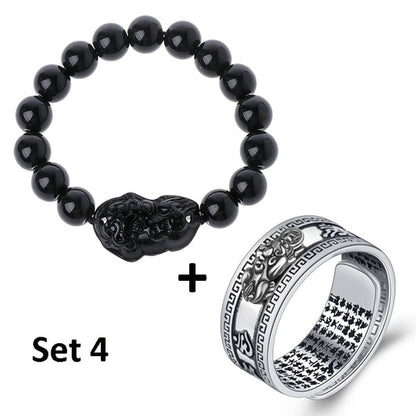 Pixiu Charms Ring Bracelet Set Chinese Feng Shui Amulet Bring Wealth and Lucky Open Adjustable Ring Buddha Bead Bracelets