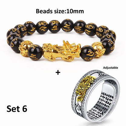 Pixiu Charms Ring Bracelet Set Chinese Feng Shui Amulet Bring Wealth and Lucky Open Adjustable Ring Buddha Bead Bracelets