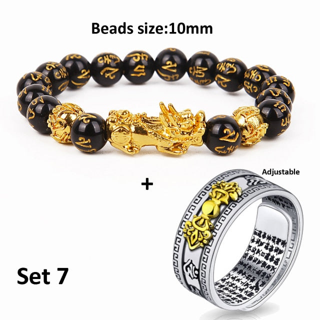 Pixiu Charms Ring Bracelet Set Chinese Feng Shui Amulet Bring Wealth and Lucky Open Adjustable Ring Buddha Bead Bracelets