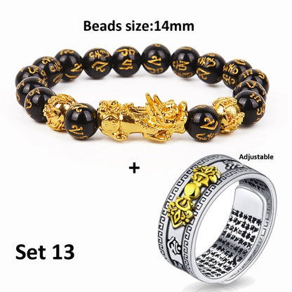 Pixiu Charms Ring Bracelet Set Chinese Feng Shui Amulet Bring Wealth and Lucky Open Adjustable Ring Buddha Bead Bracelets