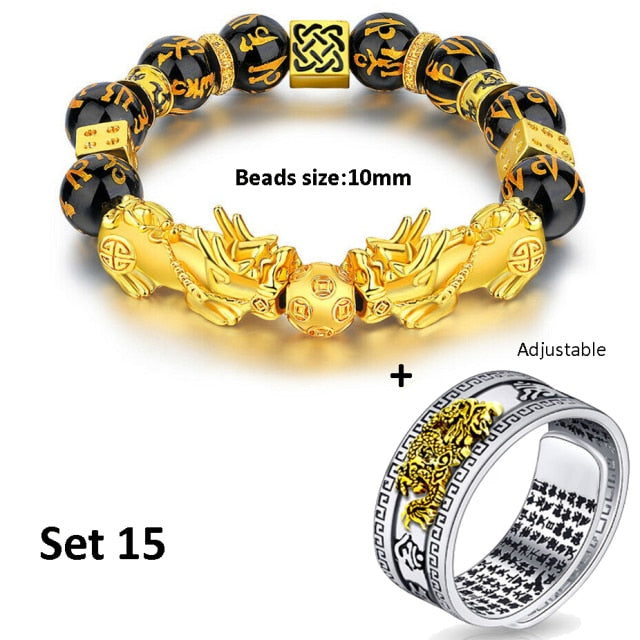 Pixiu Charms Ring Bracelet Set Chinese Feng Shui Amulet Bring Wealth and Lucky Open Adjustable Ring Buddha Bead Bracelets