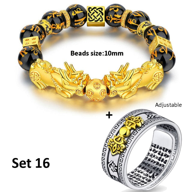 Pixiu Charms Ring Bracelet Set Chinese Feng Shui Amulet Bring Wealth and Lucky Open Adjustable Ring Buddha Bead Bracelets