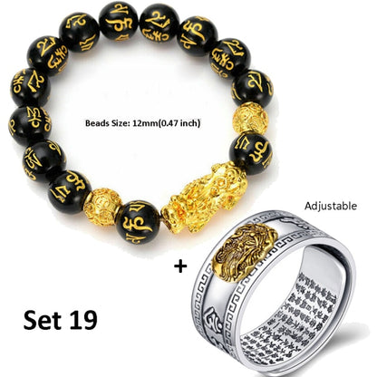 Pixiu Charms Ring Bracelet Set Chinese Feng Shui Amulet Bring Wealth and Lucky Open Adjustable Ring Buddha Bead Bracelets