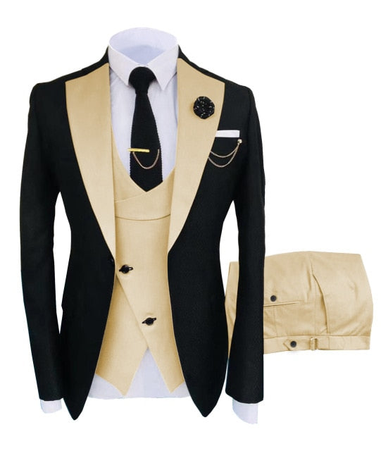 Solovedress Formal Business Fashion 3 Pieces Mens Suit Solid Tuxedos Jacket Blue Brown Gold for Wedding Groom(Blazer+Vest+Pants)