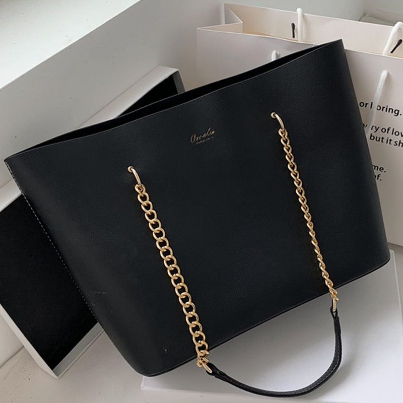 Solid Color PU Leather Shoulder Bags for Women 2020 Chain Design Large Capacity Tote Bag Luxury Hand Bag Female Top-Handle Bag