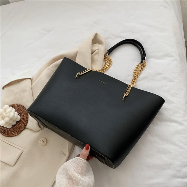 Solid Color PU Leather Shoulder Bags for Women 2020 Chain Design Large Capacity Tote Bag Luxury Hand Bag Female Top-Handle Bag