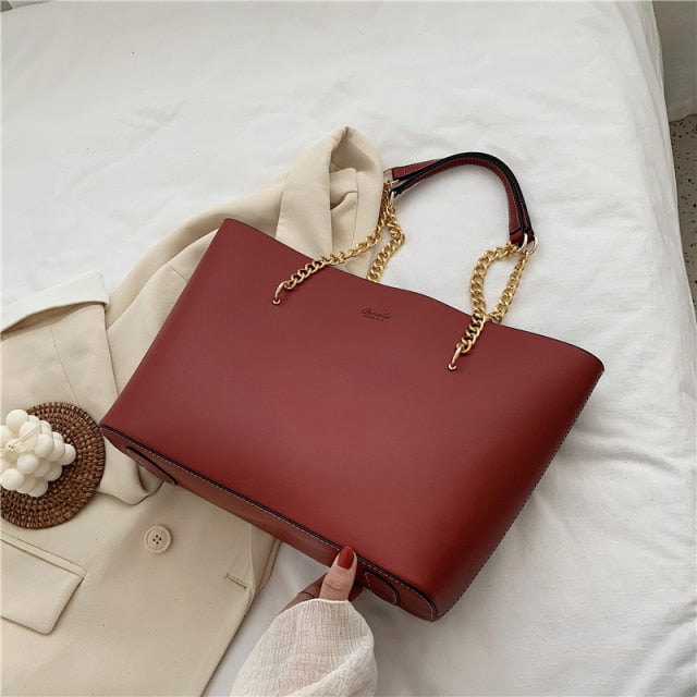 Solid Color PU Leather Shoulder Bags for Women 2020 Chain Design Large Capacity Tote Bag Luxury Hand Bag Female Top-Handle Bag