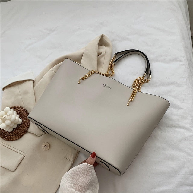 Solid Color PU Leather Shoulder Bags for Women 2020 Chain Design Large Capacity Tote Bag Luxury Hand Bag Female Top-Handle Bag