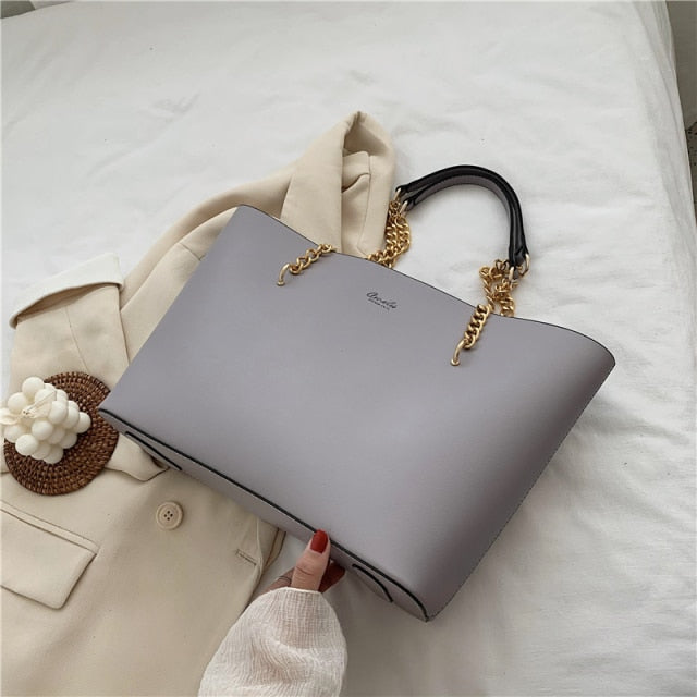 Solid Color PU Leather Shoulder Bags for Women 2020 Chain Design Large Capacity Tote Bag Luxury Hand Bag Female Top-Handle Bag