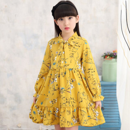 teenager girls loose chiffon dress long sleeve spring autumn floral printing cotton dress for 4- 14 years big girl clothes 2021