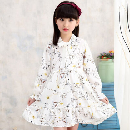 teenager girls loose chiffon dress long sleeve spring autumn floral printing cotton dress for 4- 14 years big girl clothes 2021