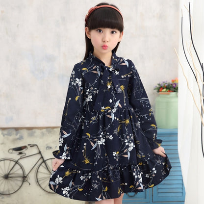 teenager girls loose chiffon dress long sleeve spring autumn floral printing cotton dress for 4- 14 years big girl clothes 2021