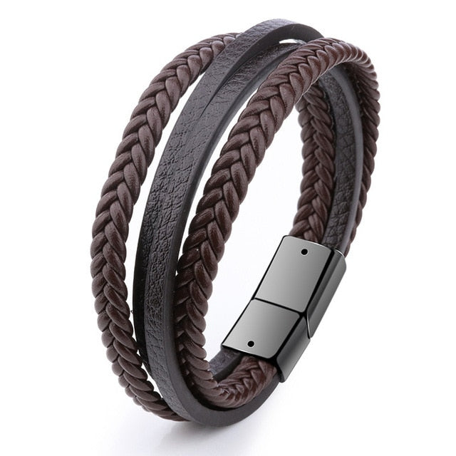 Trendy Genuine Leather Bracelets Men Stainless Steel Multilayer Braided Rope Bracelets for Male Female Bracelets Jewelry