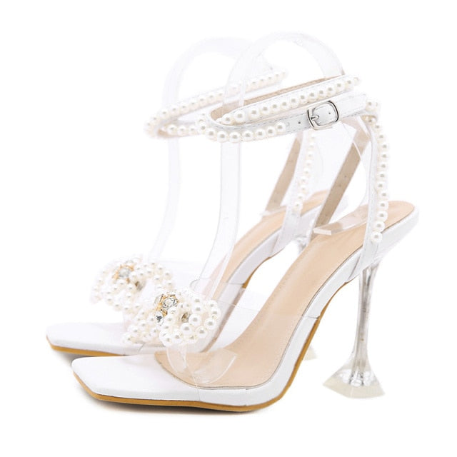 Sexy Transparent Heels Women Gladiator Sandals Pearl String Bead High Heels Sandal Summer Party Wedding Shoes Ladies Pumps 41 42