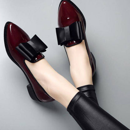 Women Bow Low Heels Women's Pointed Toe Patent Leather Pumps Woman Slip On Platform Fashion Ladies Shoes Female Footwear 2021