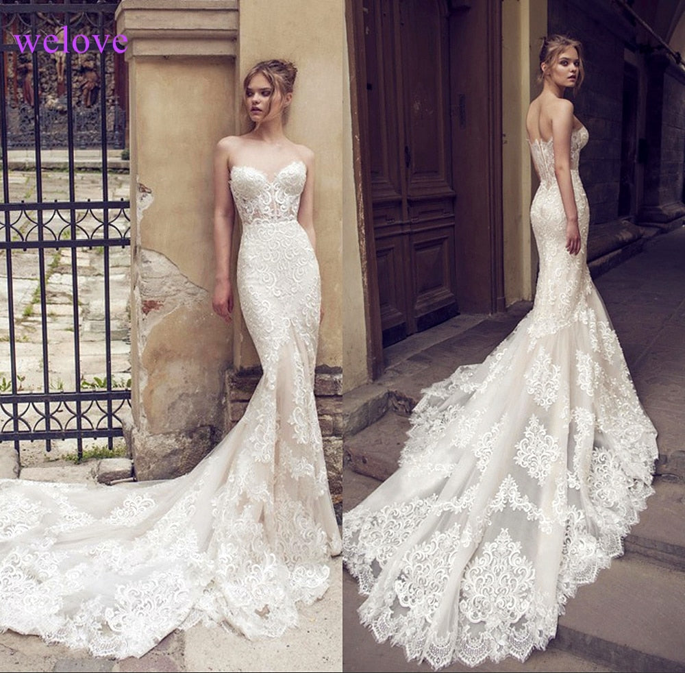 White Backless Lace Mermaid Wedding Dresses 2021  New Sexy Fishtail Wedding Gown Bride Dress Vestido De Noiva Robe De Mariage