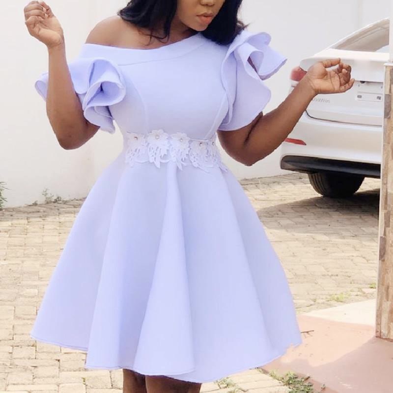 Women White Dress Off Shoulder A Line Pleated Ruffles Short Sleeves Party Elegant Vestido African Event Celebrate Occasion Robes