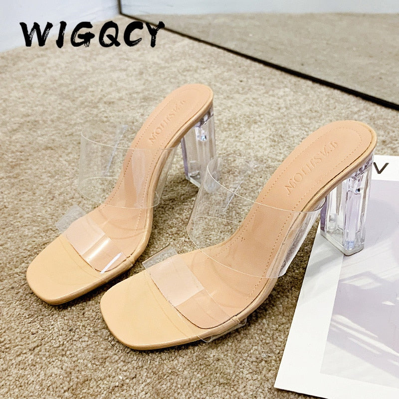 Transparent High Heels Women Square Toe Sandals Summer Shoes Woman Clear High Pumps Wedding Jelly Buty Damskie Heels Slippers