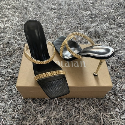 Summer Women Pumps 2021 Chain High Heels Sandals Slippers Sexy Square Toe Heels Mules Casual Fashion Shoes Woman