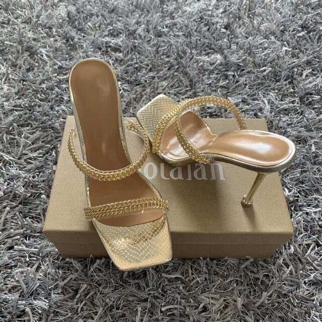 Summer Women Pumps 2021 Chain High Heels Sandals Slippers Sexy Square Toe Heels Mules Casual Fashion Shoes Woman