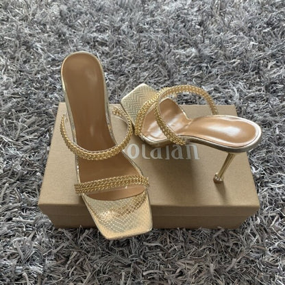 Summer Women Pumps 2021 Chain High Heels Sandals Slippers Sexy Square Toe Heels Mules Casual Fashion Shoes Woman