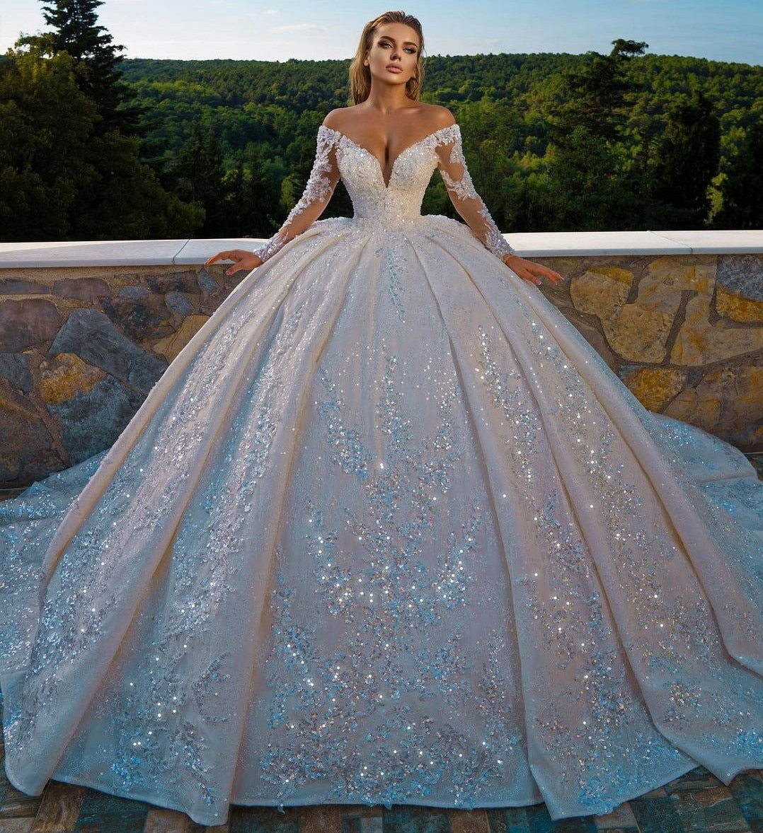 Sexy Church Wedding Dresses V Neck Long Sleves Glitter Sequins Beadings Bridal Wedding Gown Plus Size Ruffles 2021