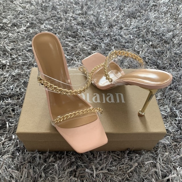 Summer Pumps Fashion Chain Slippers Sandals Shoes Women Thin High Heels Slip On Square Toe Slides Sandal Lady Pump Shoes Mules