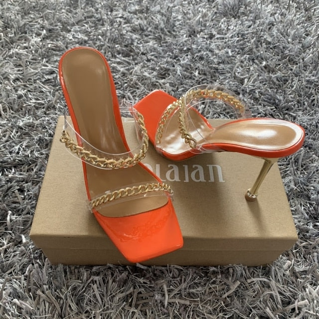 Summer Pumps Fashion Chain Slippers Sandals Shoes Women Thin High Heels Slip On Square Toe Slides Sandal Lady Pump Shoes Mules